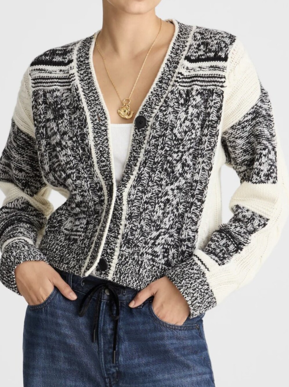 MADEWELL Marled Patchwork Cardigan Black & Cream V-Neck Button  Medium